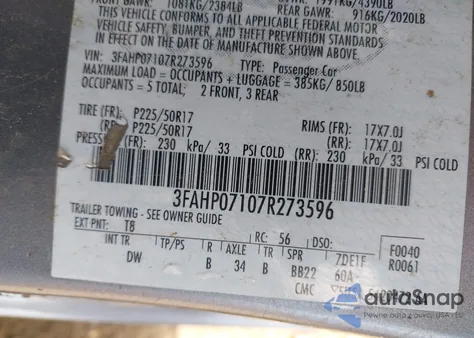 2007 Ford Fusion Se from USA, damaged, VIN 3FAHP07107R273596